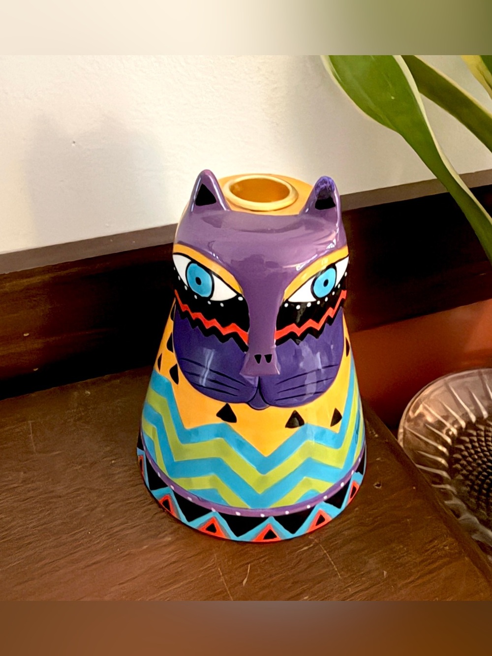 Laurel Burch Ceramic Cat Candle Holder Signed Retired Folk Art Festive Decor